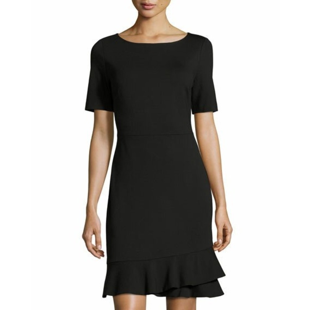Diane‎ von Furstenberg Black Ruffle Hem Ponte Sheath Dress Size 6 Short Sleeve